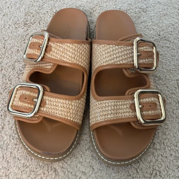 Universal Thread Tan and Natural Woven Double-Buckle Slide Sandals - Picture 2 of 6